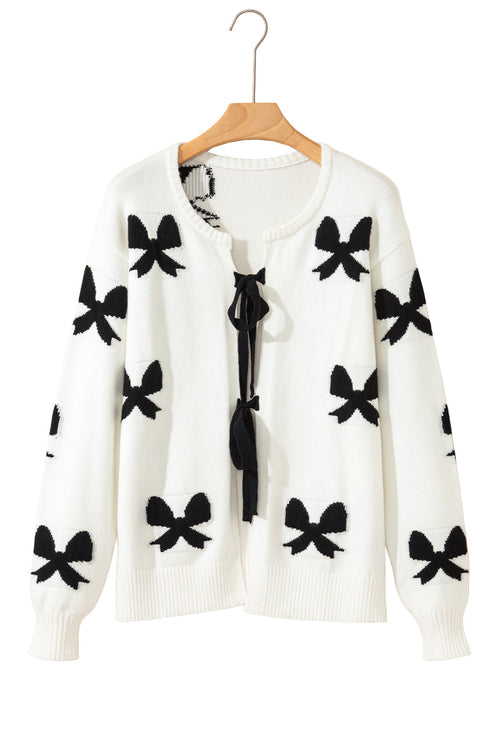 Ribbon Tie Front Bow Jacquard Knit Cardigan